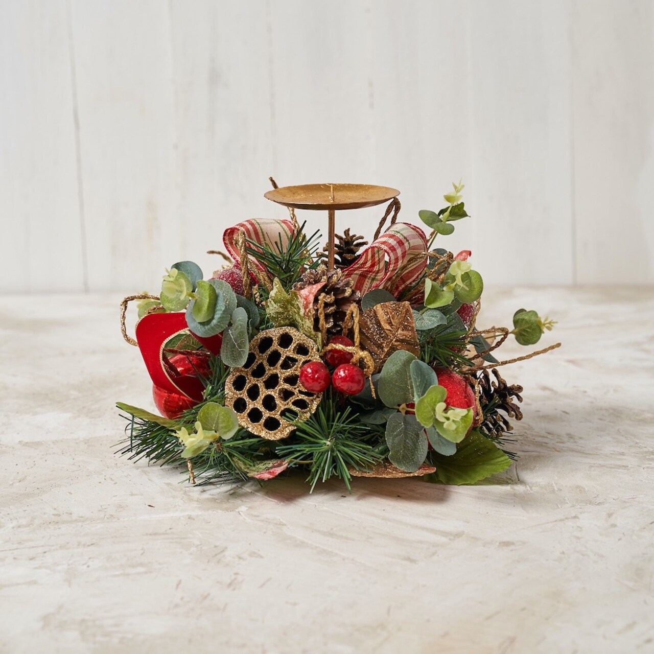 Red Plaid Lotus Pod Single Spike Candle Holder - Handcrafted Christmas Decorations - Holiday Tree